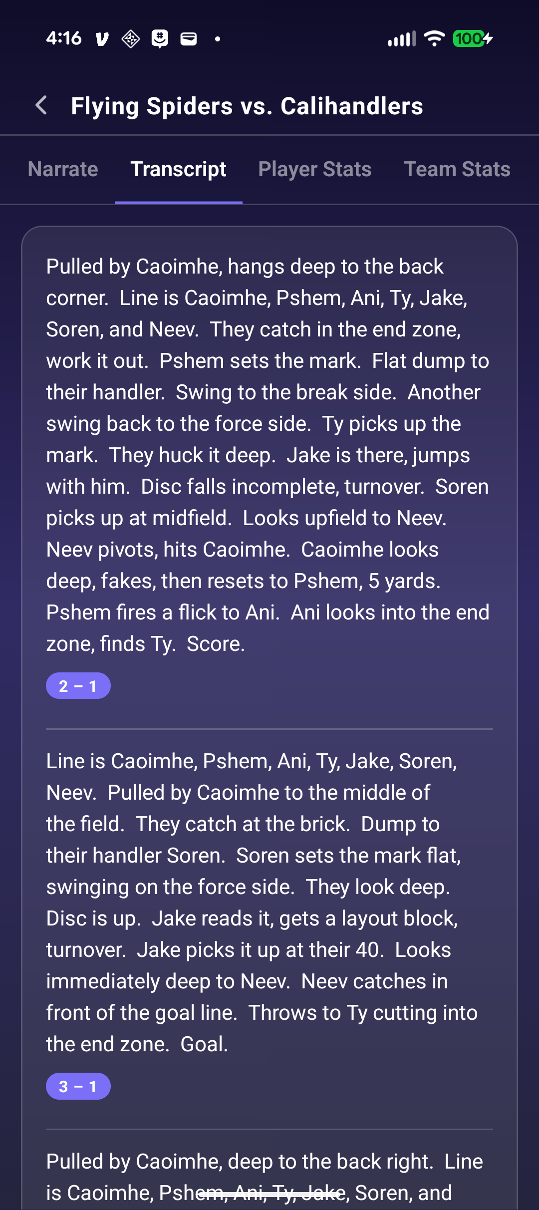 VoxStat transcript screen